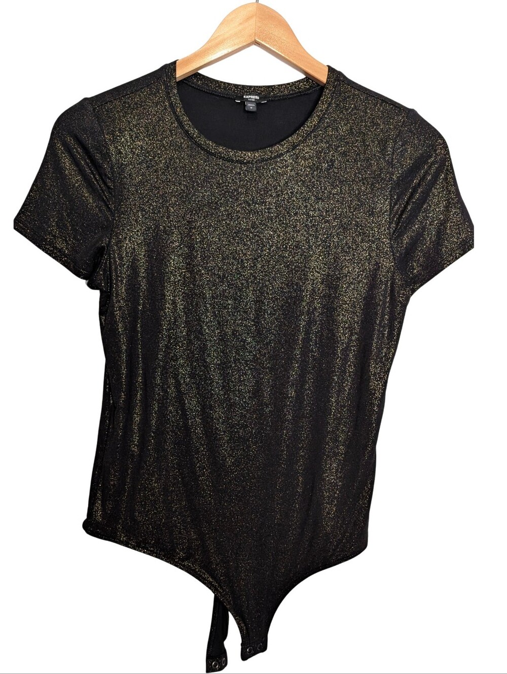 Express Metallic Black Gold Short Sleeve Bodysuit. Medium Fitted